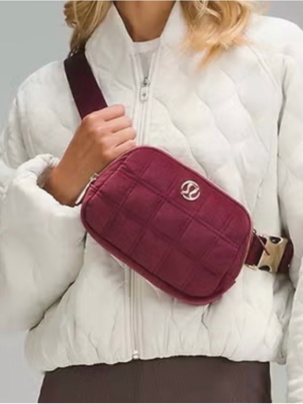Lululemon Limited Edition Velour Quilted Burgundy Belt Bag with Gold Accent